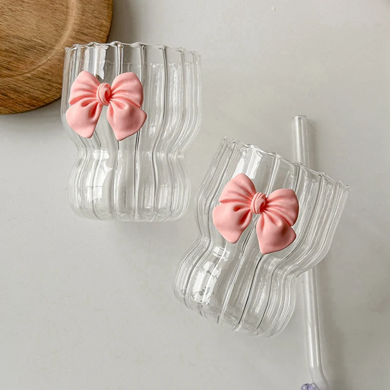 300ML Creative Ribbed Glass Cups Ripple Drinking Glasses Vintage Bow-knot Glassware Wavy Drinking Glasses Glass Cup