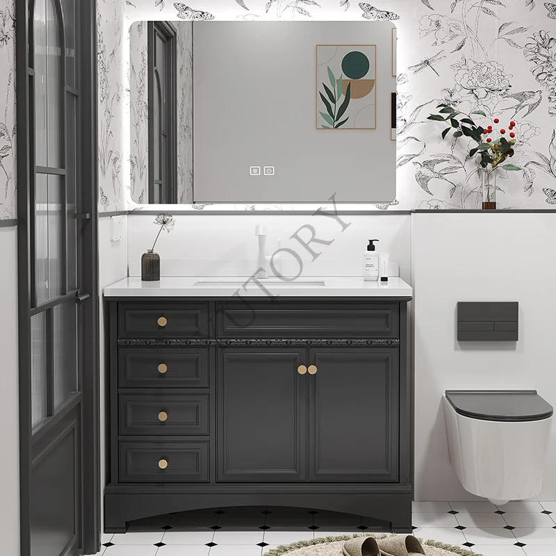 Solid wood paint dark green bathroom cabinet rock slab ceramic integrated basin floor-to-ceiling washstand