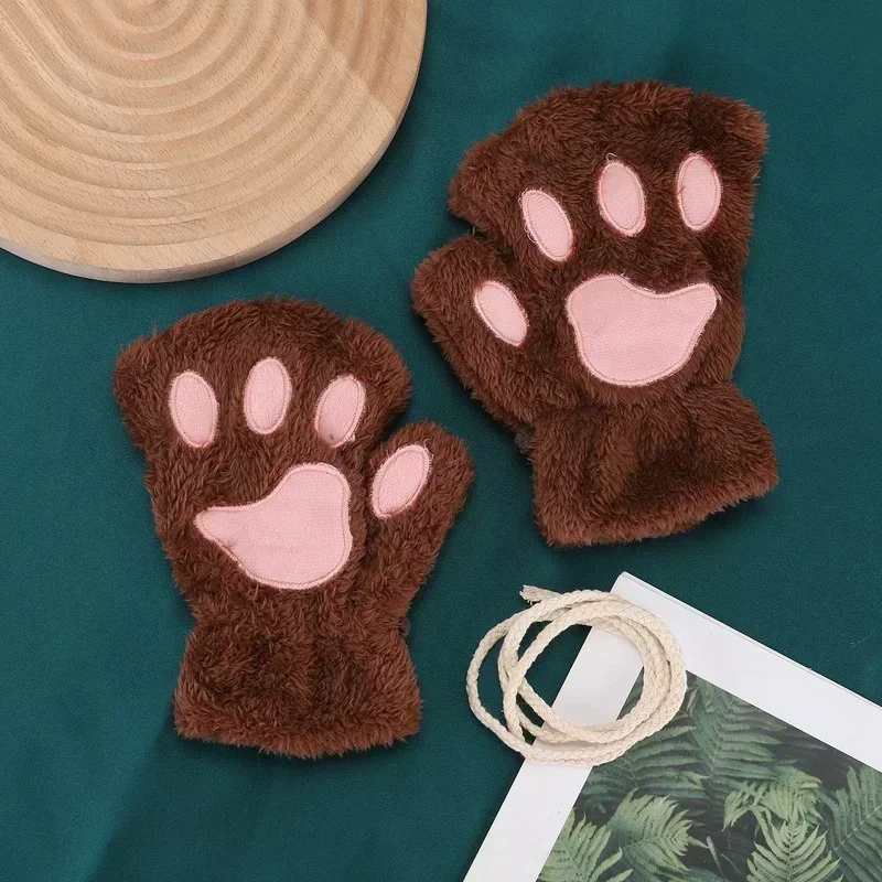 Lovely Plush Cat Claw Paw Gloves Plush Mittens Warm Soft Plush Short Fingerless Fluffy Bear Gloves Costume Half Finger Gloves