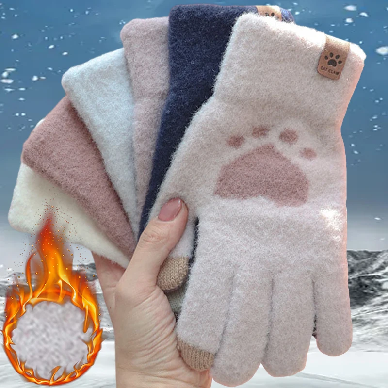 

Winter Cat Paw Printing Gloves Mobile Phone Touchscreen Knitted Gloves Latest Fashion Thick Warm Adult Soft Fluffy Gloves Women