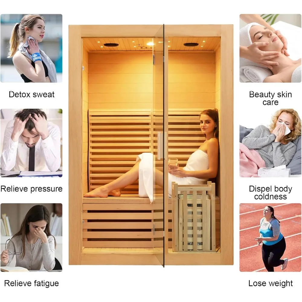 Wooden Steam Sauna Room, 2 Person Canadian Hemlock Luxurious Indoor Sauna with 3 KW Harvia Stove Heater, Bluetooth Speaker 4