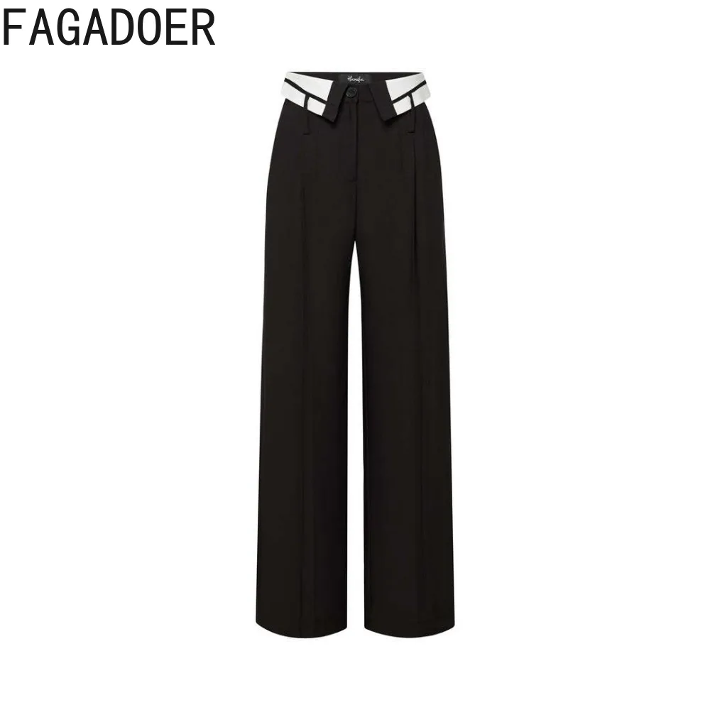 FAGADOER Vintage Fashion Ins Style Wide Leg Pants Women High Waisted Straight Trousers Elegant Lady Flip Collar Design Bottoms