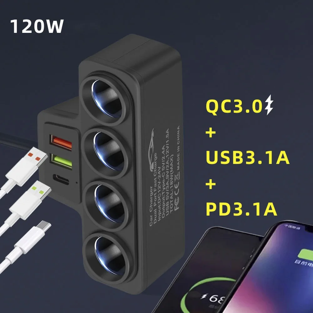Black ABS Car Phone Charger Cigarette Lighter Adapter with QC3.0 and PD