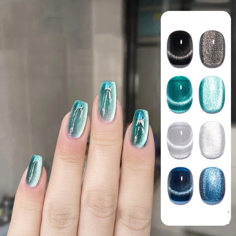 Vernis semi-permanent à ongles gel œil de chat bleu jade, base et top coat pour nail art, gel UV/LED, paillettes, à faire soi-même_voghion.com