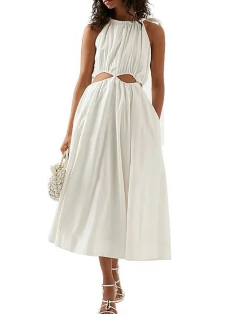 

Women Midi Dress Cutout Waist Sleeveless Casual Tank Robe