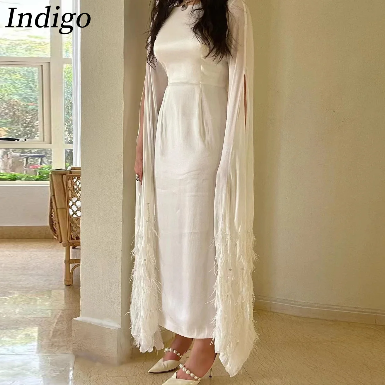

Indigo Evening Dresses O Neck Full Sleeves Ankle-Length Feathers Beads Formal Party Dress For Women 2024 Vestidos De Gala
