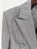 Women Pants Two Piece Sets Women Gray Rhinestone Single Button Blazer + Sparkle Striped Diamonds Pants Suits Evening Party Club 6