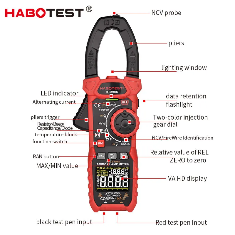 Цифровой токоизмеритель-зажим HT208 206 Pro 1000A 1000 В AC DC токовый зажим True RMS плоскогубцы Амперметр Вольтметр VFD рель Ом конденсатор тестер