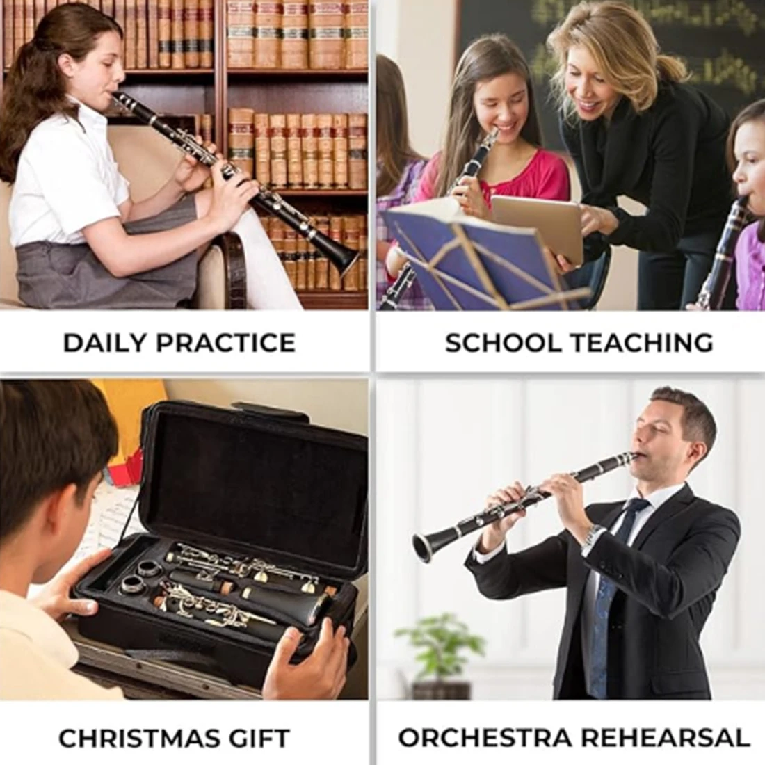 White Bb Clarinet B-flat Beginner Student Clarinet for School Orchestras Adults with Hard Shell Cleaning Kit Bracket Gloves Part
