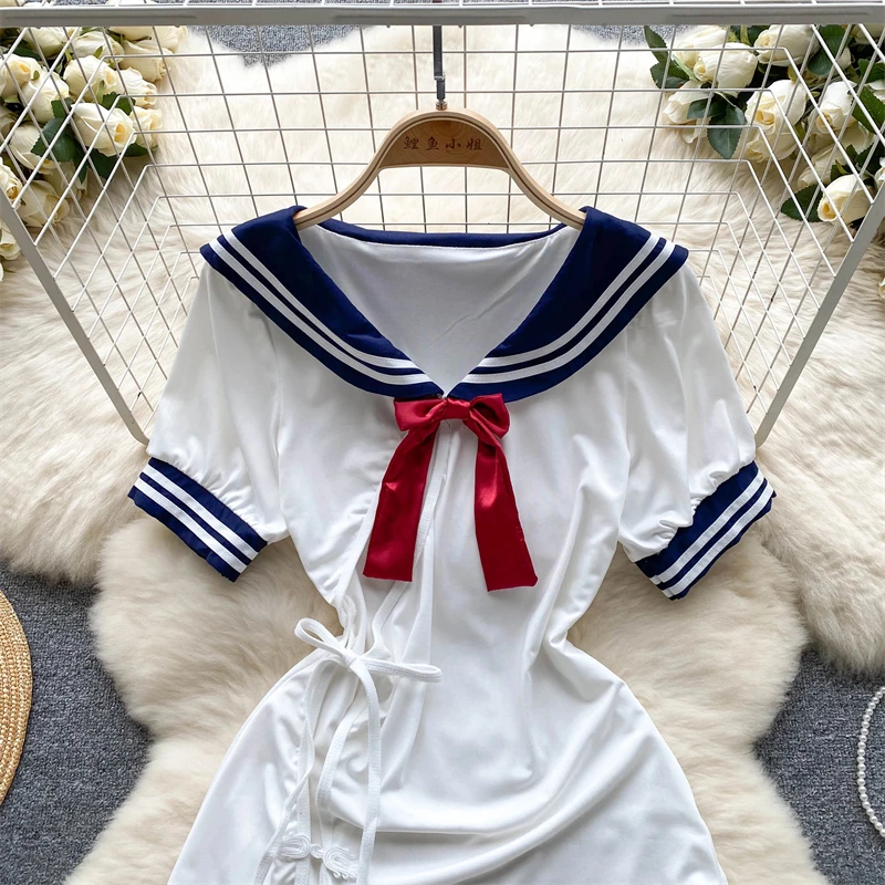 Sailor Collar Split Sexy Ladies Bow Hotsweet Mini Dress+Thong Ruffle Hollow Out Cosplay Lace-up Erotic Nightdress Woman 2 Pieces