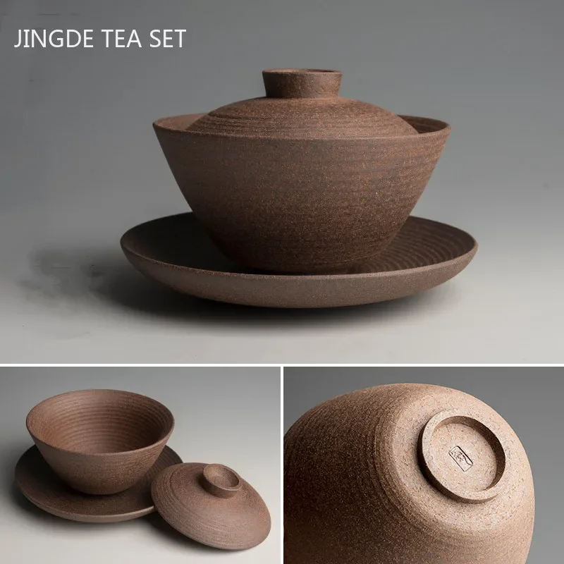 Retro Kiln Change Ceramics Gaiwan Handmade Pottery Tea Tureen Teacup Household Tea Set Accessories Chinese Cover Bowl Drinkware