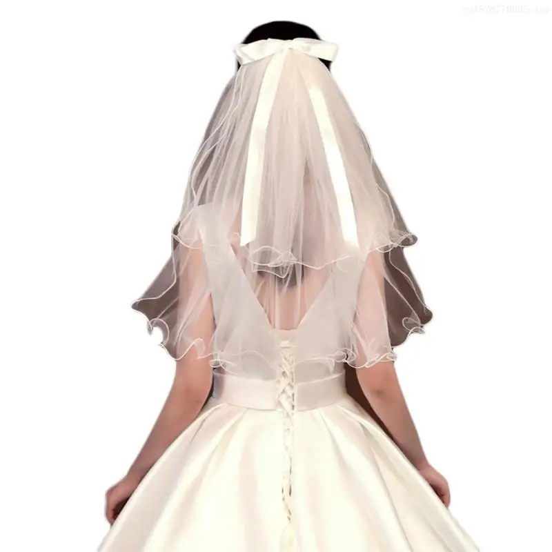2 Layers Wedding Bridal Veil with Comb Ribbon Bow Embellished Wavy F0S4