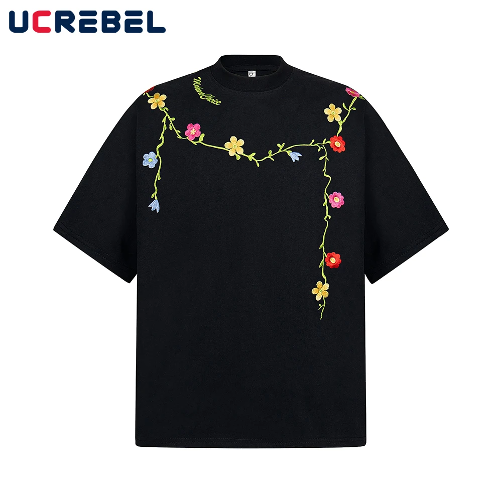 Blume Reben Stickerei Kurzarm T-shirt Herren Retro High Street Sommer Baumwolle Lose Rundhals Halbarm T-shirt Männer t-shirt
