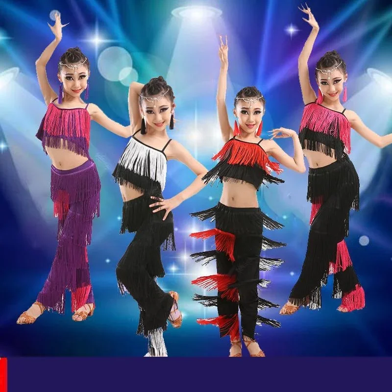 

Girls Latin Dance Costumes Sequin Fringe Salsa Samba Costume Kids Ballroom Tassel Dress Pants Children Performance Stage Outfits