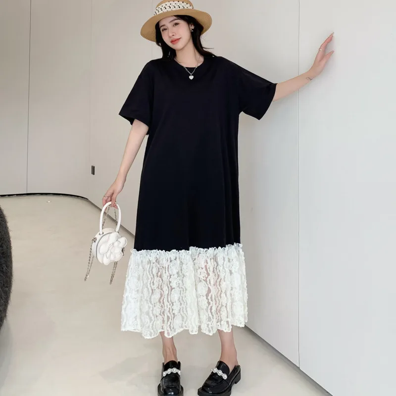 

Черное платье-футболка #6114 с коротким рукавом, свободное Сетчатое модное платье из двух предметов, женское летнее платье в стиле преппи