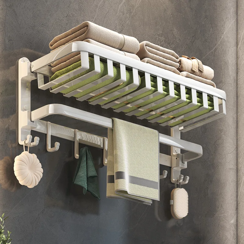 

White Towel Rack Punch-Free Bathroom Towel Rack Thickened Fold Storage Rack
