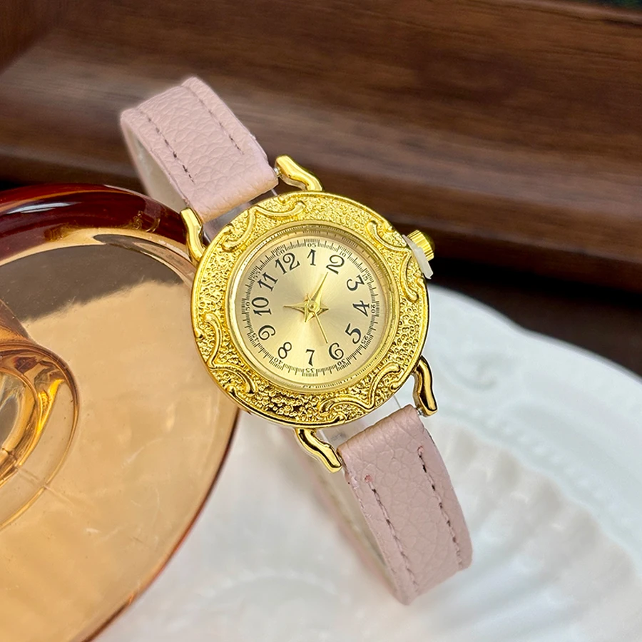 Women's Retro Leather Wrist Watch with Slim Gold Strap and Round Dial