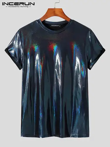 INCERUN 남성 티셔츠 o-넥 샤이니 반팔 파티 Camisetas 피트니스 2023 스트리트웨어 스트레치 패션 캐주얼 남성 의류 5XL 7 5