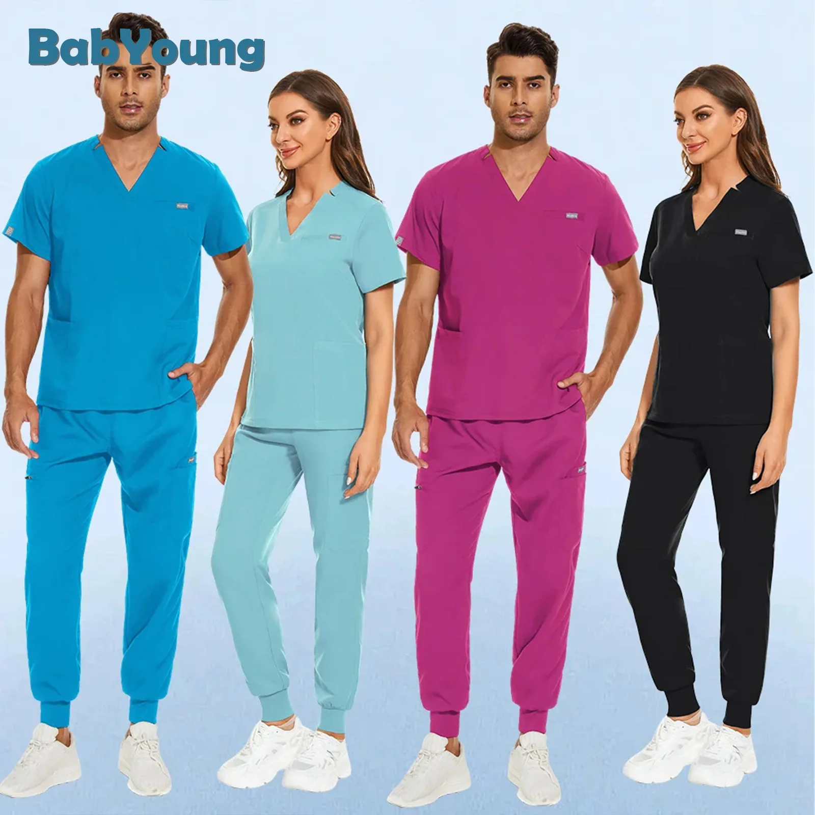 

Medica Nursing Scrubs Suits Casual Short Sleeve V-neck Tops Blouse Pocket with Zip Scrub Pants Unisex Scrubs Set Doctor Nurse