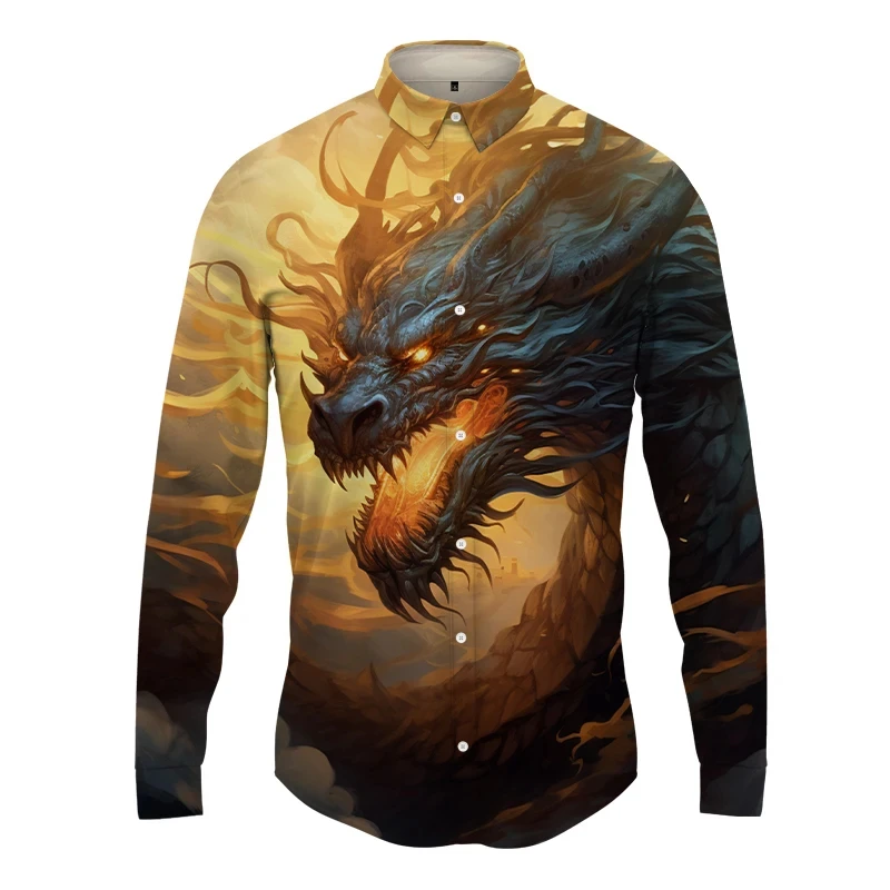 thumbnail image 1 of Nueva ropa de calle para hombre, moda de primavera y otoño, camisa con estampado de dragón 3D y botones para hombre, camisa hawaiana de manga larga para hombre, 1 of 5