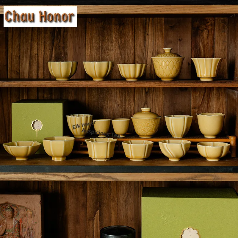 100ml Amber-yellow Tulip Gaiwan Traditional Tea Tureen Tea Bowl with Lid Kit Tea Brewing Cover Bowl Cafes Supplies Decoration