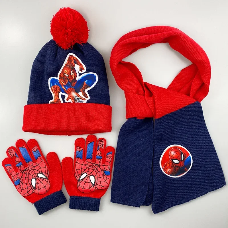 Disney Spiderman Kids Hat Scarf Gloves Three-piece Set Boys Lovely Knitted Woollen Hats Baby Wool Hat Scarf Kawaii Thick Hats kids hat set