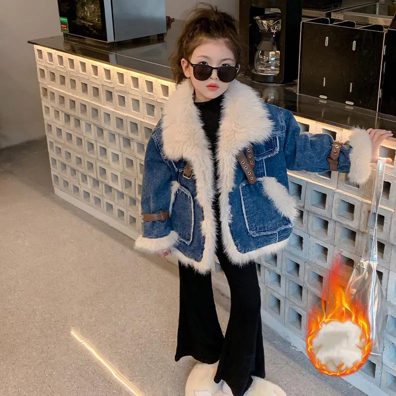 

Autumn Winter School Girl Plus Velvet Denim Jacket Teenager Girl Fur Collar Windproof Warm Coats School Girl Thicken Outwears