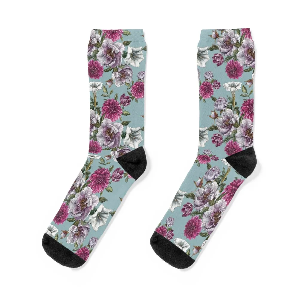 

Peonies and dahlias on blue Socks anime socks black socks kawaii socks Socks with print Socks For Men Women's