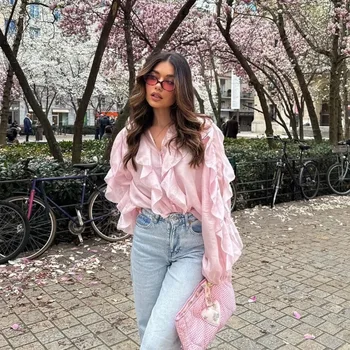 Spring Women 2026 Elegant V-Neck Blouse Single-Breasted Women Long Sleeves Laminated Decorative Solid 2color Shirt Women Clothes 1