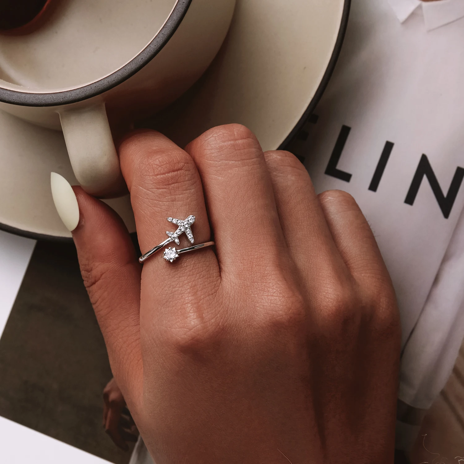 WOSTU 925 Sterling Silver Rose Gold 18K Gold aircraft Opening Rings For Women Delicate Zircon Airplane Ring Party Jewelry Gift