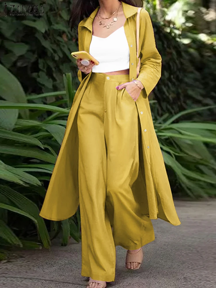 ZANZEA Fashion Long Sleeve Shirt 2PCS Women Suits Summer Matching Sets Solid Loose Pant Sets Casual Wide Leg Trousers Oversized zanzea весна женщины 2pcs комплекты 3 4 рукав горошек топы и длинные брюки эластичная талия хлопковые костюмы