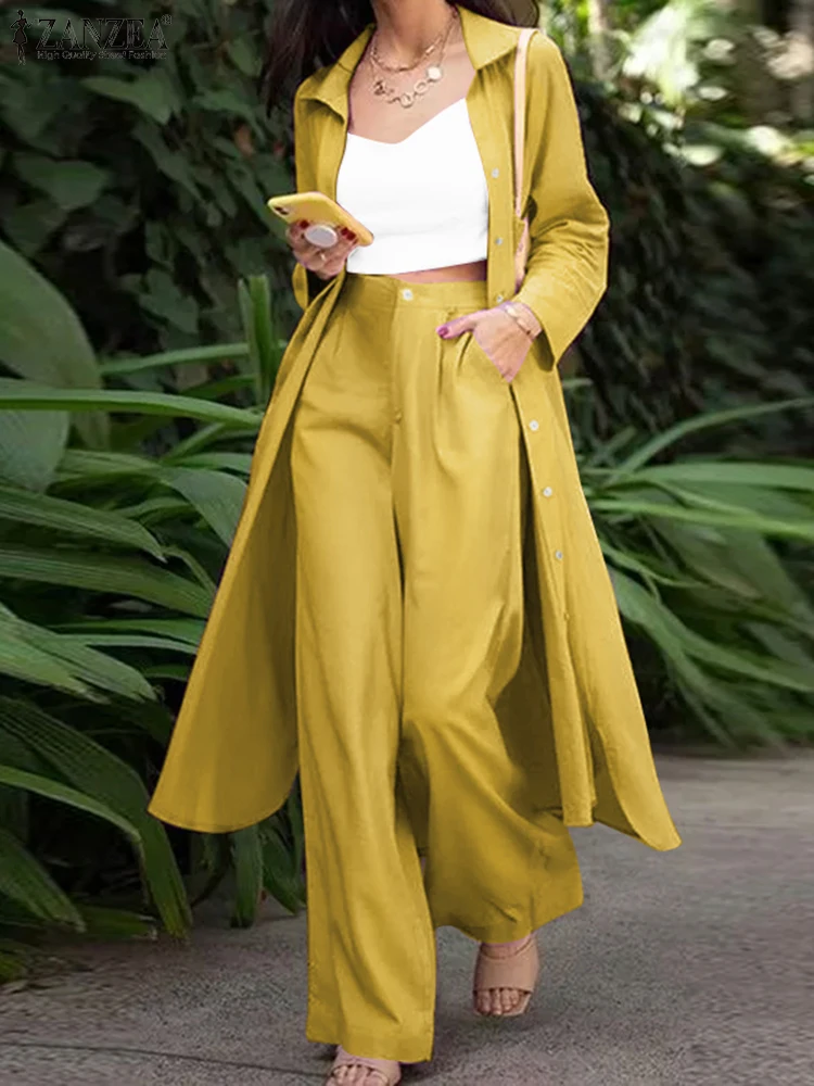 ZANZEA Fashion Long Sleeve Shirt 2PCS Women Suits Summer Matching Sets  Solid Loose Pant Sets Casual Wide Leg Trousers Oversized