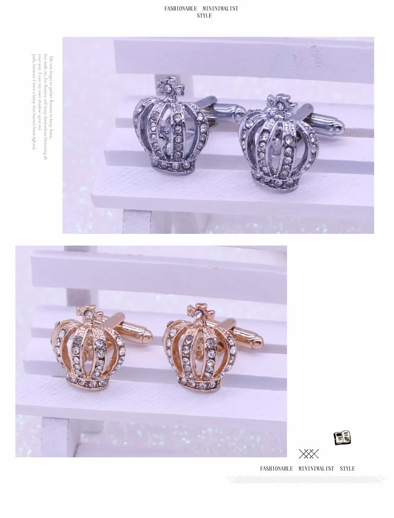 1 Paar Kronen hemd Gold Farbe König Königin Hochzeit Bräutigam Smoking Schmuck Mode klassische Französisch Kristall Herren Manschetten knöpfe Party Geschenke – Detail 3