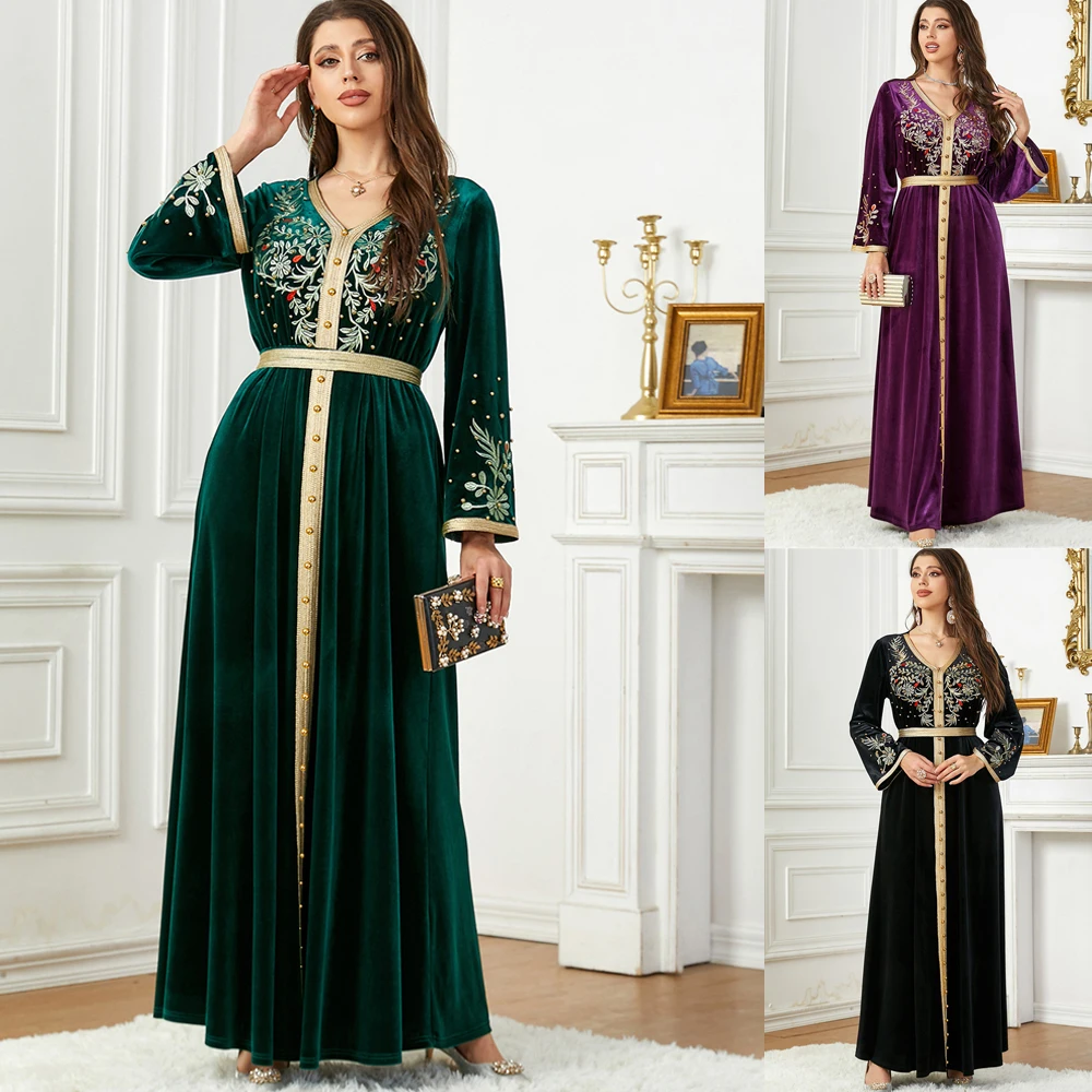 

Autumn Kaftan Arabic Long Dress for Women Embroidered Beading Winter Muslim Party Dresses Moroccan Caftan Dubai Turkish Abaya