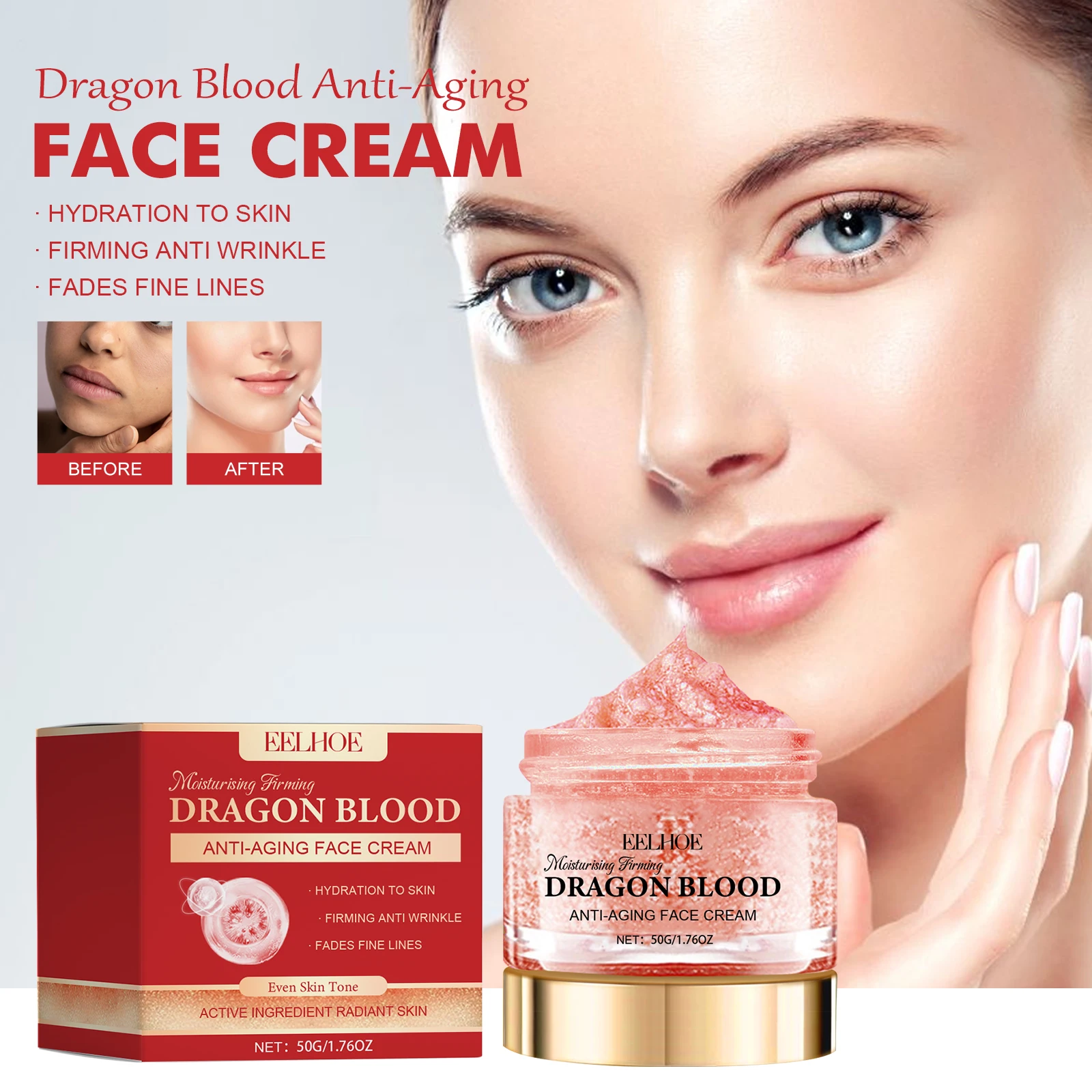 EELHOE Dragon Blood Face Cream Pore Shrinking Facial Rejuvenation Nourishing Hyaluronic Acid Moisturizing Face Brightening Cream