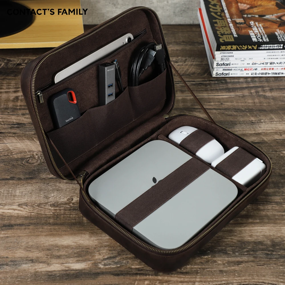 Genuine Leather Storage Case For Mac Mini Mouse iPad Case Earphone Electronic Accessories Gadgets Organizer Box With Handle
