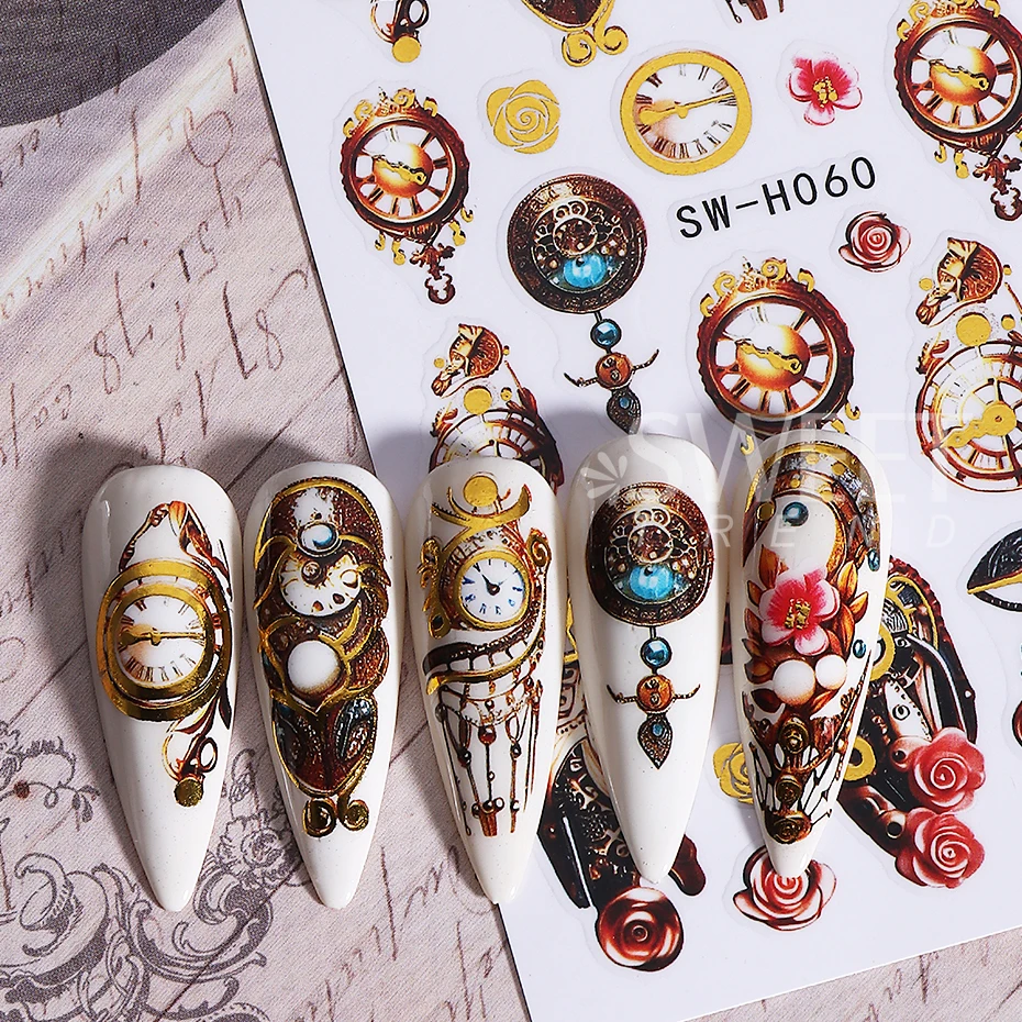 2pcs New Year Nail Art Stickers Self-Adhesive Retro Clock Rose Flower Gears Nail Decals Manicure Decoration Slider Nail Supplies
