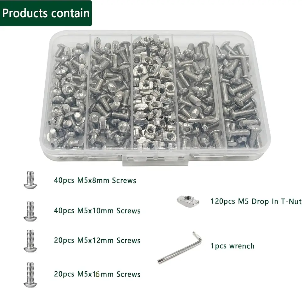 240pcs M5 T-Nut Screws for 2020 2040 2080 Aluminum Extrusion Includes 120pcs Socket Screws 120pcs Drop-in T-Nuts and Hex Wrench image 2