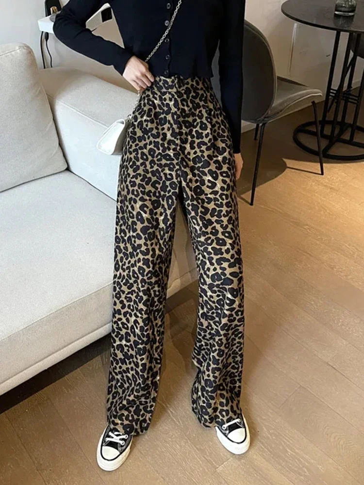 New Arrival Fashion Vintage Leopard Print High Waist Wide Trousers for Women Chic Streetwear Simple Casual Hip-Hop Y2K Pants 2022 new arrival color block vintage black men hip hop baggy jeans pants straight loose casual denim trousers pantalones hombre