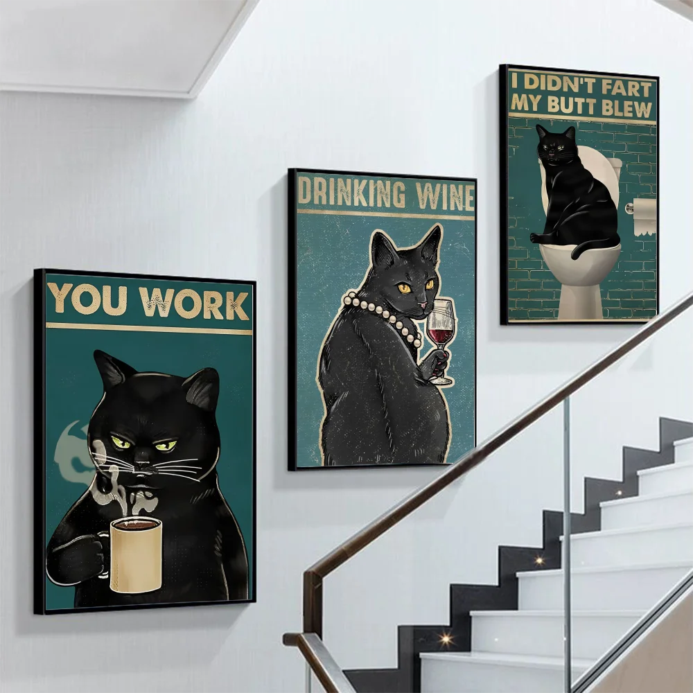 

Black Cats Poster Self-adhesive Art Poster Retro Kraft Paper Sticker DIY Room Bar Cafe Vintage Decorative Painting