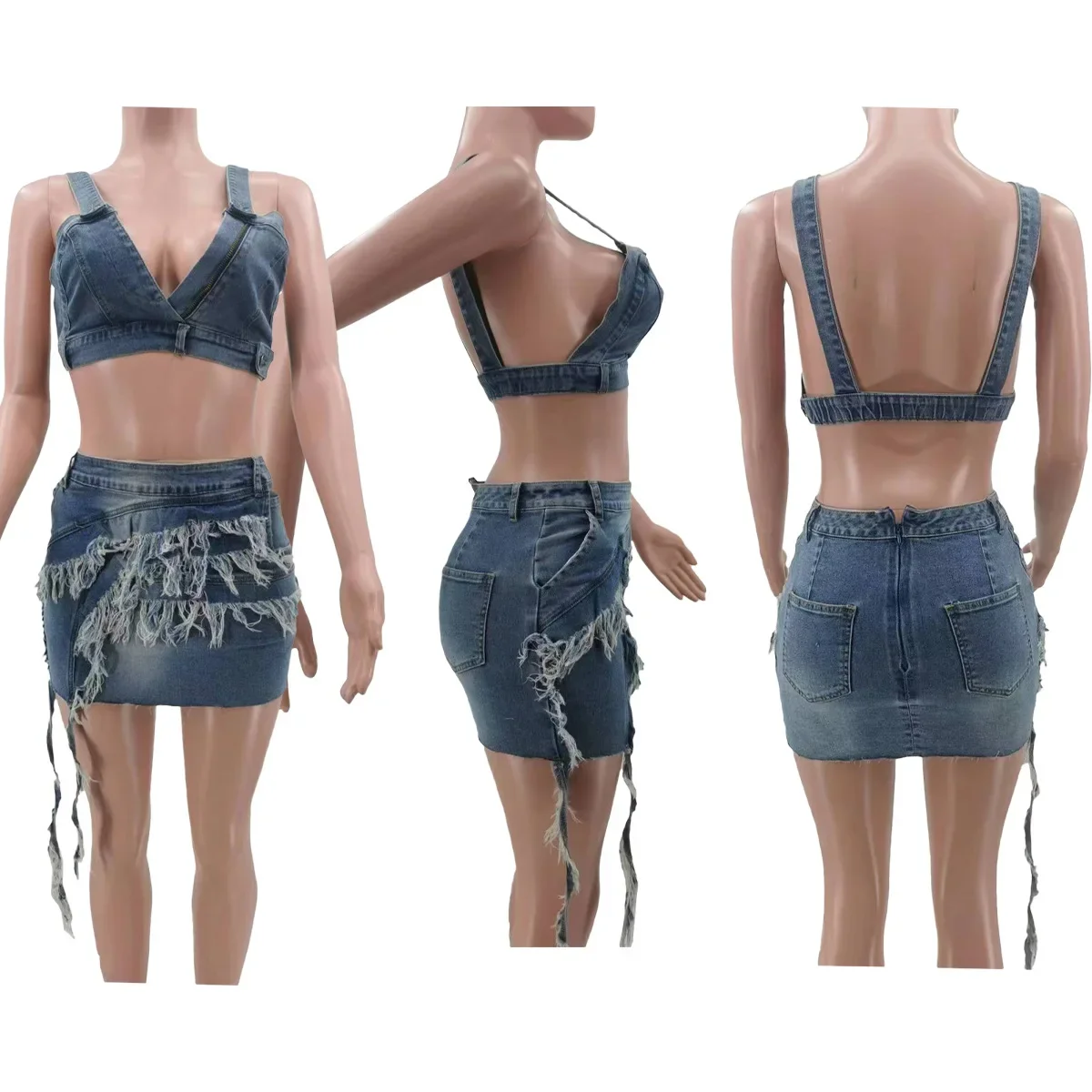Fashion Denim Women's Set Spaghetti Strap V-neck Crop Top and Bodycon Midi Skirt 2024 Street Two 2 Piece Sets Outfits