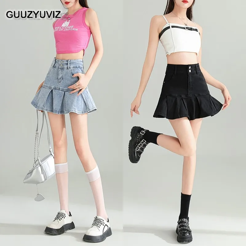 

GUUZYUVIZ Mini Fishtail Skirt Women Summer High Waist Design Feel Wrapped Hip A-line Black Light Blue
