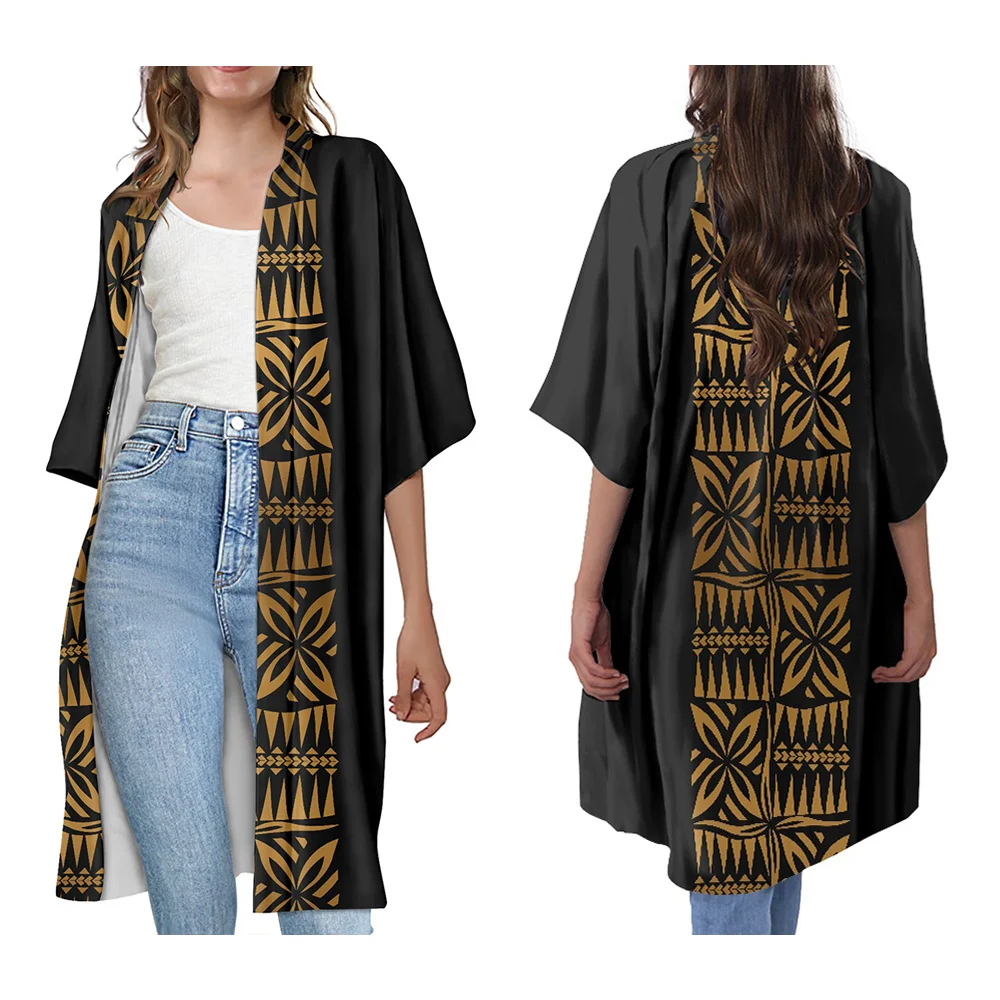 Summer 2023 Womens Fashion Cardigan Polynesian Tribal Samoa Tongan Tapa Masi Design Personality Casual Women Kimono Trench Coat