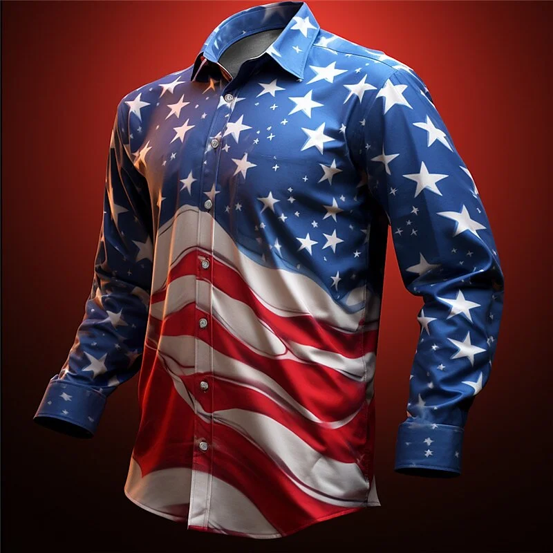 

National flag casual men's shirt for daily outing spring and summer cuffed long-sleeved shirt four-way stretch fabric shirt