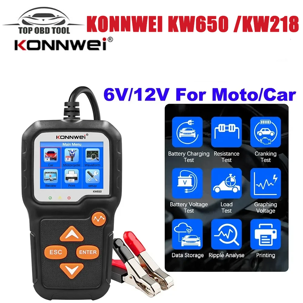 Тестер автомобильного аккумулятора KONNWEI KW650, KW218, 6 в, 12 В, Автомобильный анализатор мотоцикла, 100-2000CCA, автомобильный прибор для запуска и зарядки, PK KW510