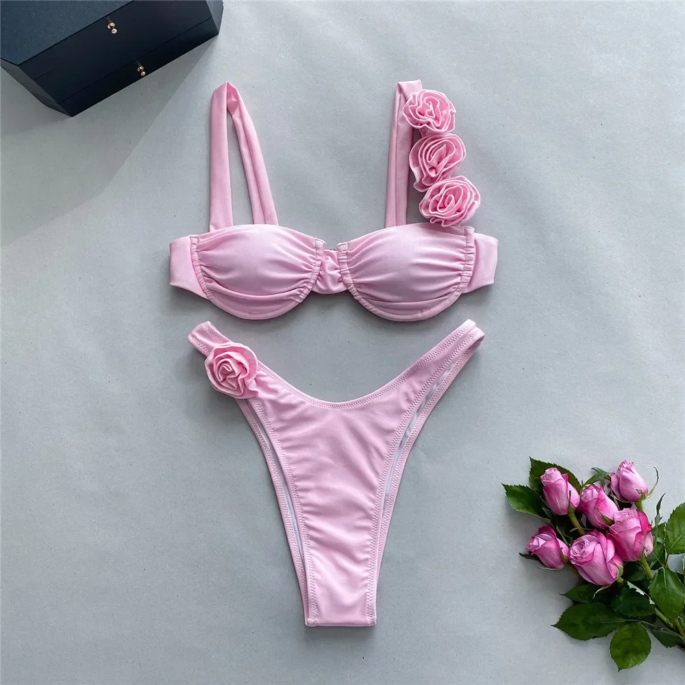 

Sexy Flower Shiny Pink Push Up Bikini 2024 Women Swimwear Underwired Swimsuit High Cut Bathing Suit Wrinkled Bikinis Set