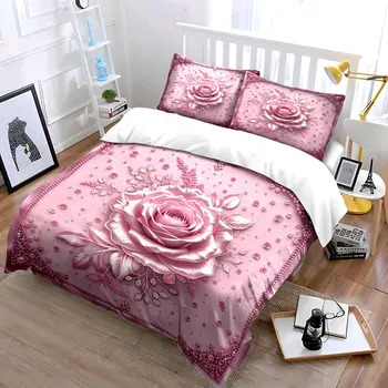 3D Pink Rose Embossed Bedding Set 3PCS Pearl Floral Print Duvet Cover with Pillowcases Luxury Romantic Style for Bedroom, Gift 1