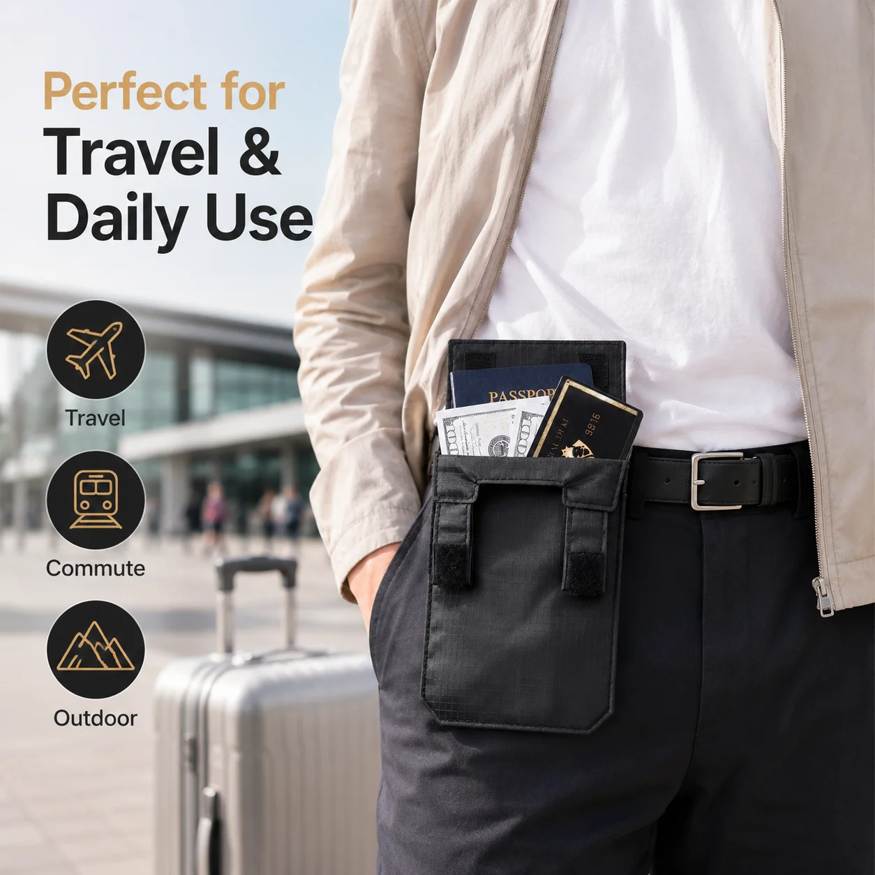 2026 Black Slim Belt Wallet Zero Bulk Anti Theft Belt Clip Mini Belt Wallet Hook and Loop Closure Hidden Compartment Belt Wallet 6