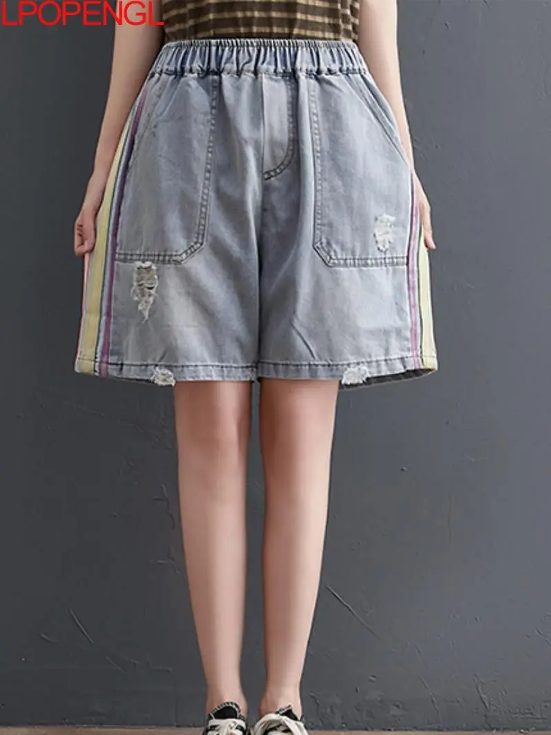 

Women Summer Jeans Shorts Vintage Elastic Waist Thin Female Washed Wide Leg Denim Pants Side Stitching Stripes Knee Length Pants