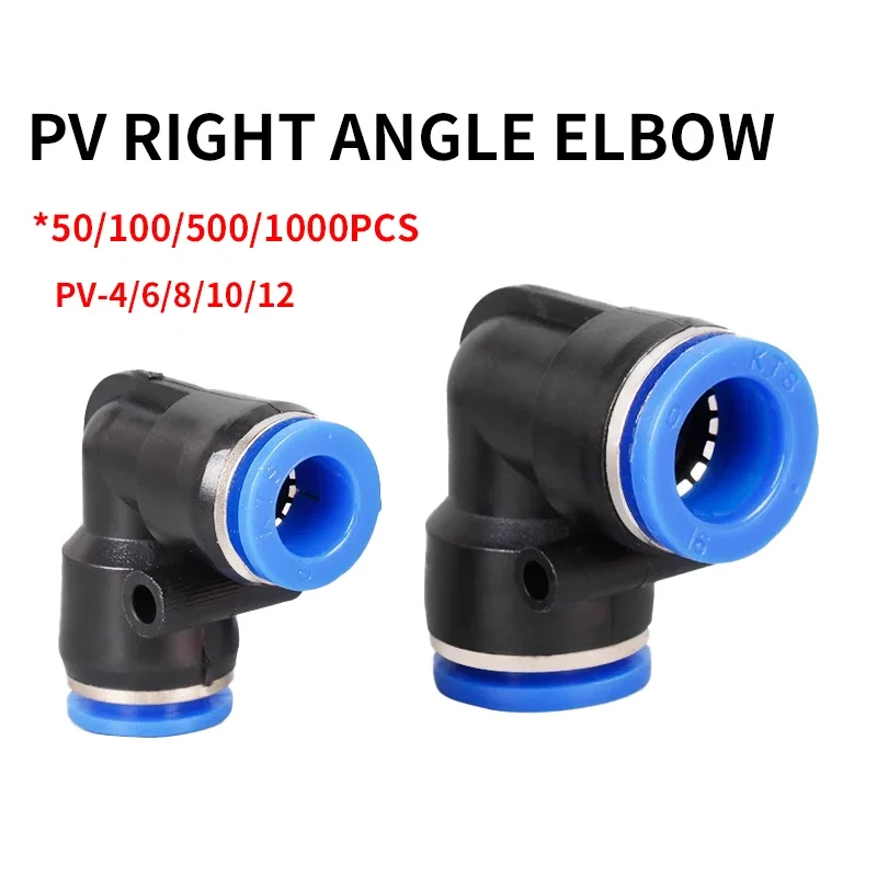 

50/100/500/1000Pcs Pneumatic Quick Plug Connector Pv-4/6/8/10/12/14/16 Right Angle Elbow Butt Joint Plastic Air Pressure Pu Pipe